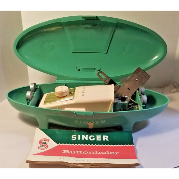 Vintage 60s Singer Buttonholer #2482607 With Attachments Green Retro Case - Picture 1 of 8
